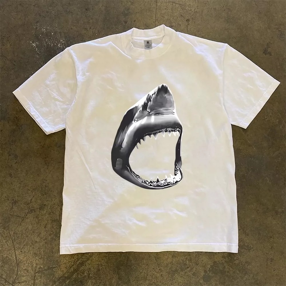 3D Printing Quality - グレートホワイトシャークTシャツ メンズ レディース 3Dグラフィックプリント コットン半袖トップス アメリカンレトロスタイル