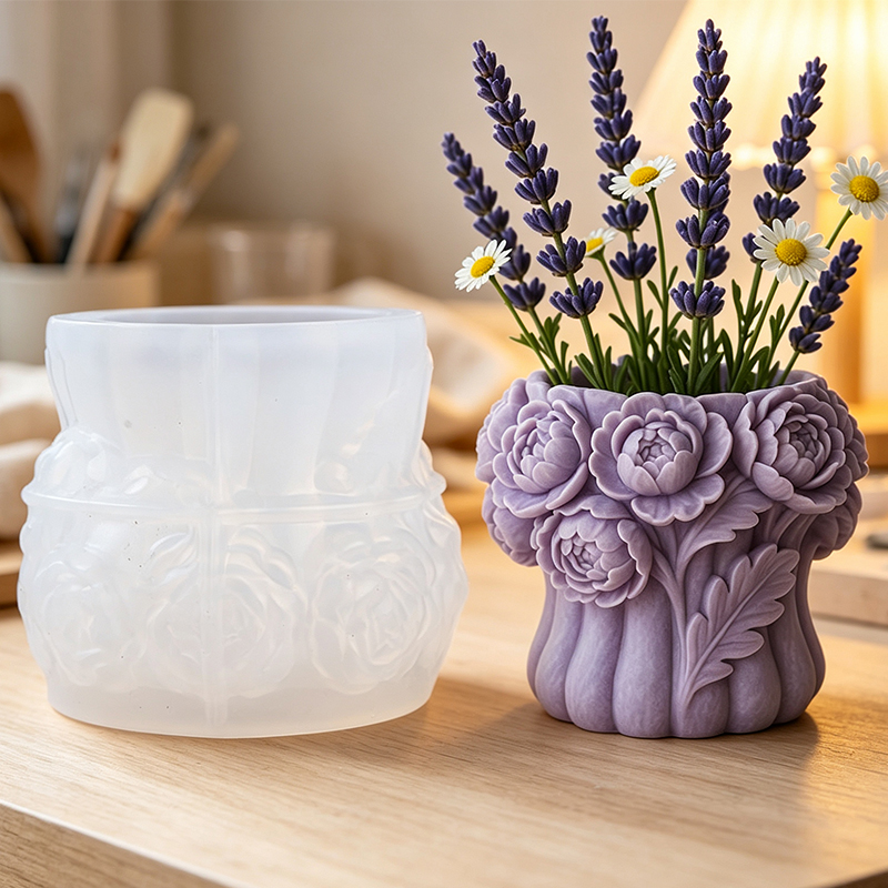 3D Printing Pot - 3D ローズフラワー花瓶シリコンモールド DIY ペンホルダー収納容器燭台植木鉢クラフト鋳造金型家の装飾