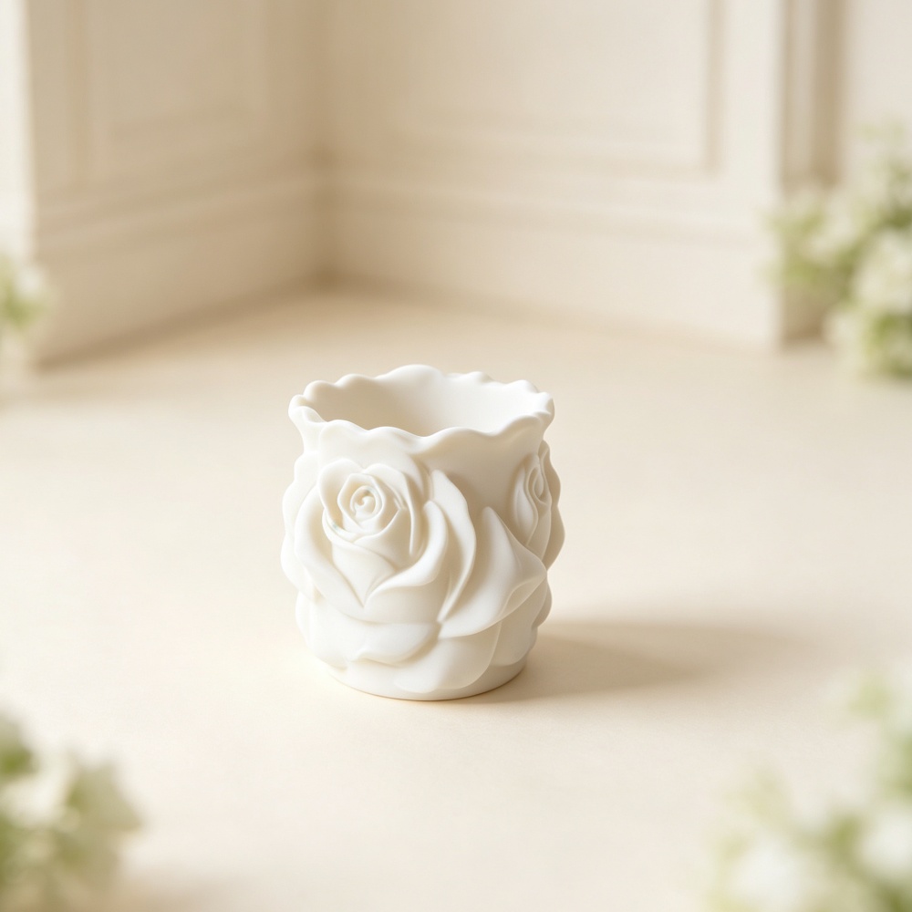 3D Printing Pot - 3Dプリントされた白いバラのプランター、エレガントな花の形をした縁の波状になった鉢、デスクの棚やロマンチックな家の装飾に