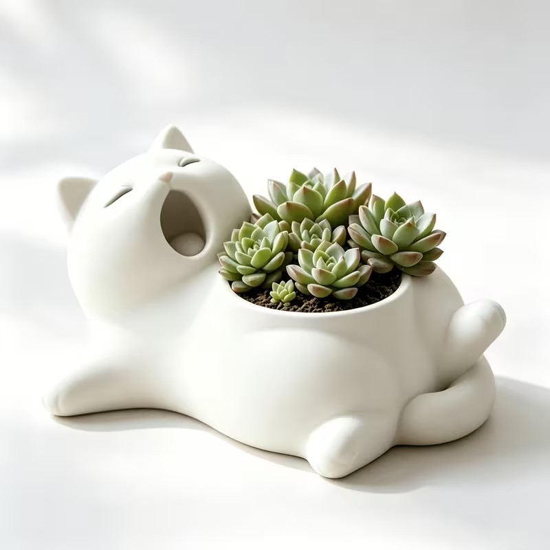 3D Printing Pot - かわいい白猫のあくびをする姿の植木鉢、3Dプリントされた立体デザイン、彼女へのストレス解消グッズ