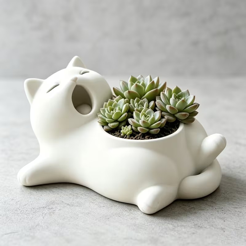 かわいい白猫のあくびをする姿の植木鉢、3Dプリントされた立体 - 3D Printing Pot のレビューと価格