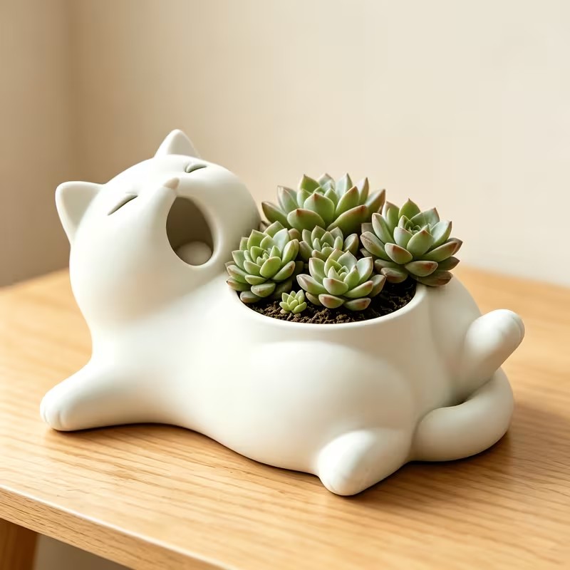 かわいい白猫のあくびをする姿の植木鉢、3Dプリントされた立体 - 3D Printing Pot のレビューと価格